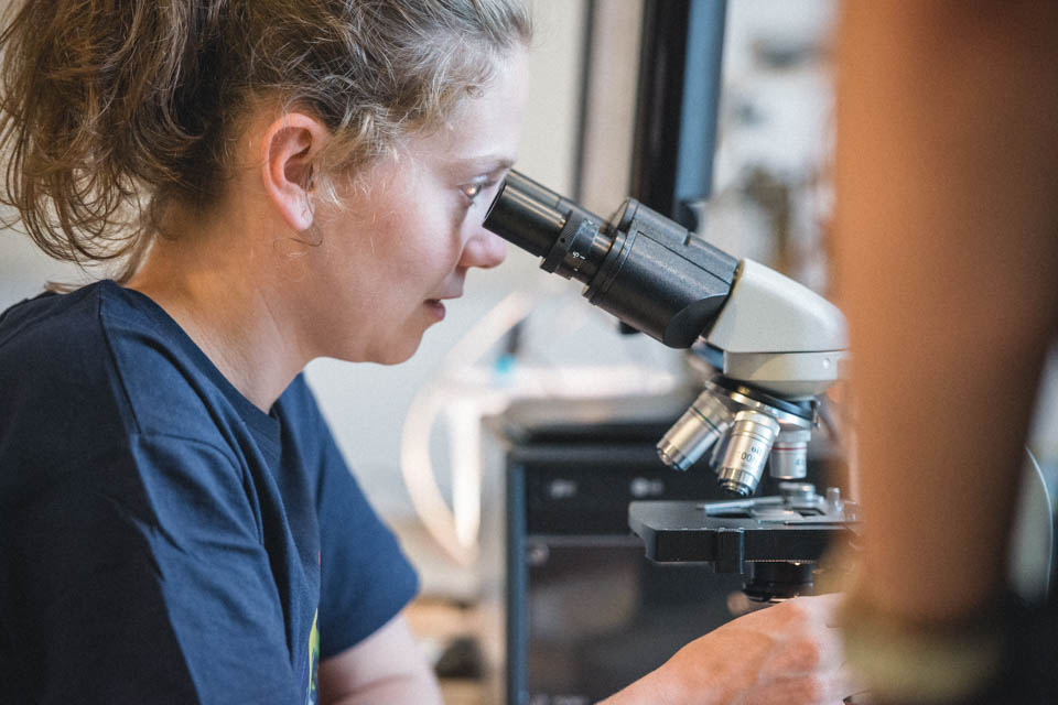 Frau sieht in ein Mirkoskop
